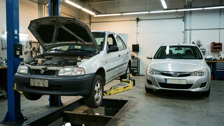 Deux voitures compactes génériques comparées dans un atelier automobile, avec les défauts mécaniques et d’assemblage visibles sur le modèle ancien.