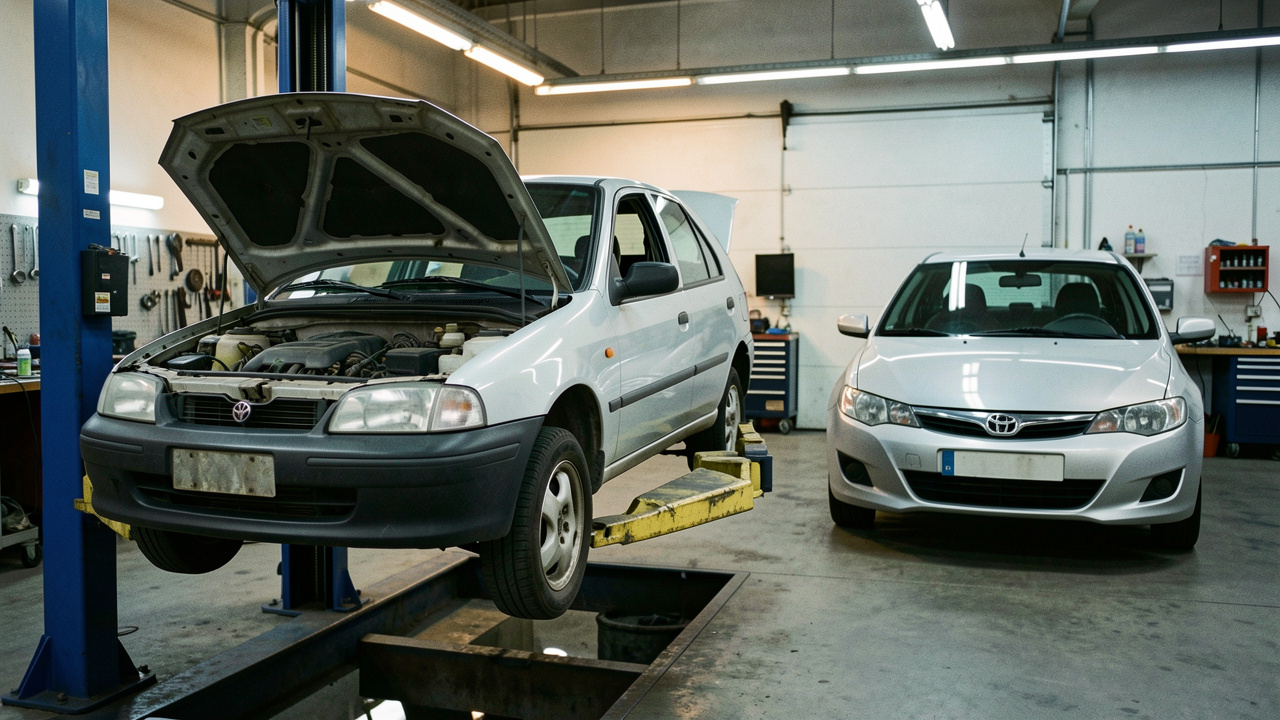 Deux voitures compactes génériques comparées dans un atelier automobile, avec les défauts mécaniques et d’assemblage visibles sur le modèle ancien.
