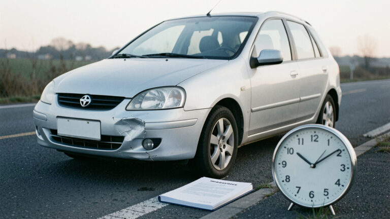 Voiture légèrement endommagée garée au bord de la route, accompagnée d’un dossier d’assurance vierge et d’une horloge, illustrant le délai de déclaration d’un sinistre automobile.