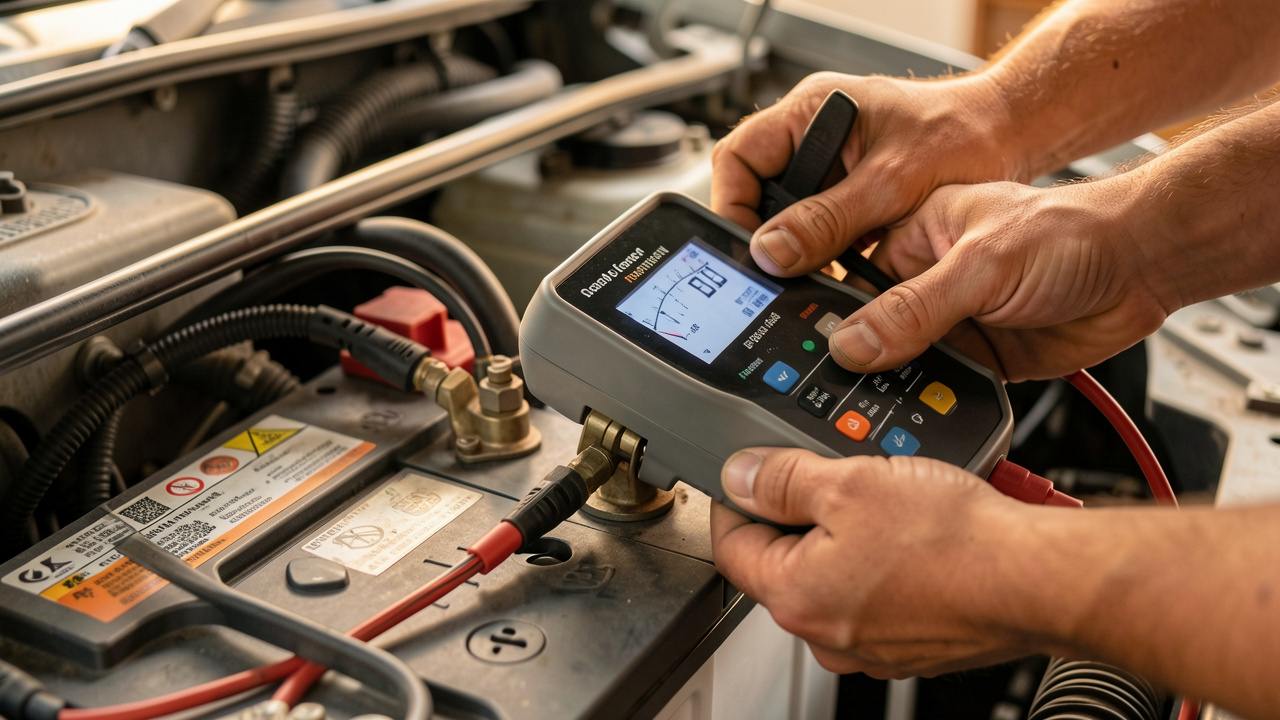 Mains examinant une batterie de voiture avec un testeur en atelier, contrôlant son état avant une panne complète.
