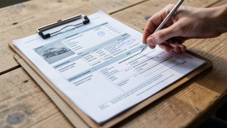 Documents de contrôle pour sécuriser l’achat d’une voiture d’occasion, sur une table en bois sous une lumière naturelle, avec une checklist et des dossiers automobiles.