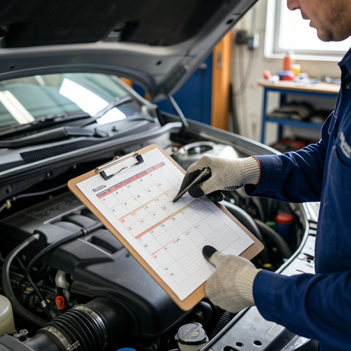 Atelier automobile lumineux : mains gantées inspectant le moteur et indiquant un calendrier d’entretien sur un support, ambiance réaliste et détaillée.
