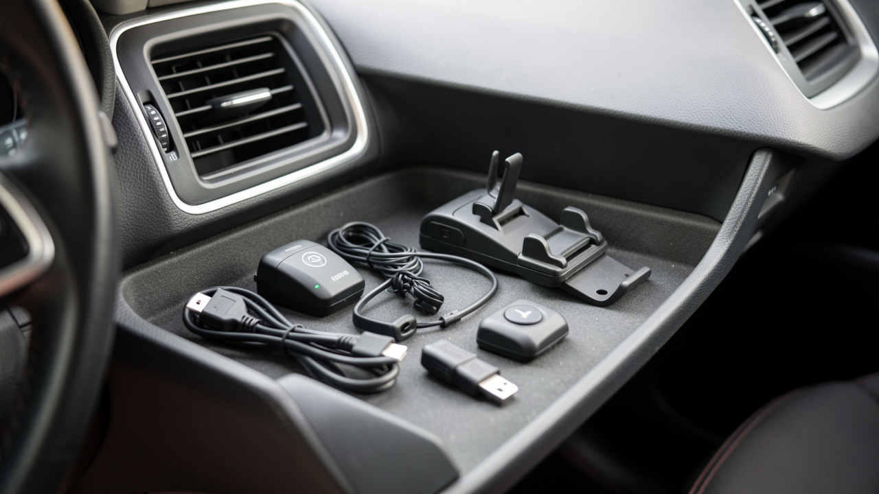 Photographie réaliste en gros plan du tableau de bord et du compartiment de la voiture, avec des accessoires amovibles disposés de manière ordonnée, lumière naturelle et ambiance d’inspection.