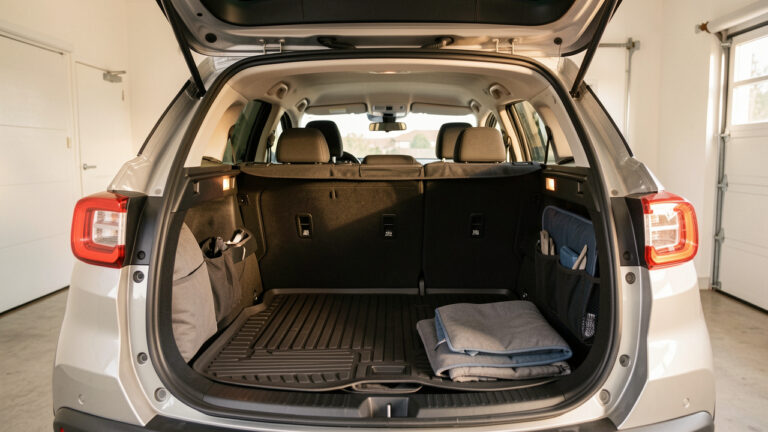 Vue d’un SUV compact avec tapis de protection, bac de coffre, organiseurs et accessoires de confort disposés autour de l’habitacle et du coffre.