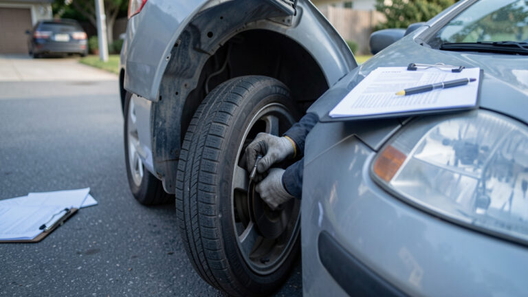 Contrôle d’une voiture d’occasion pendant un essai routier : mains gantées examinant les pneus et le freinage, véhicule stationné dans une rue calme, lumière naturelle.
