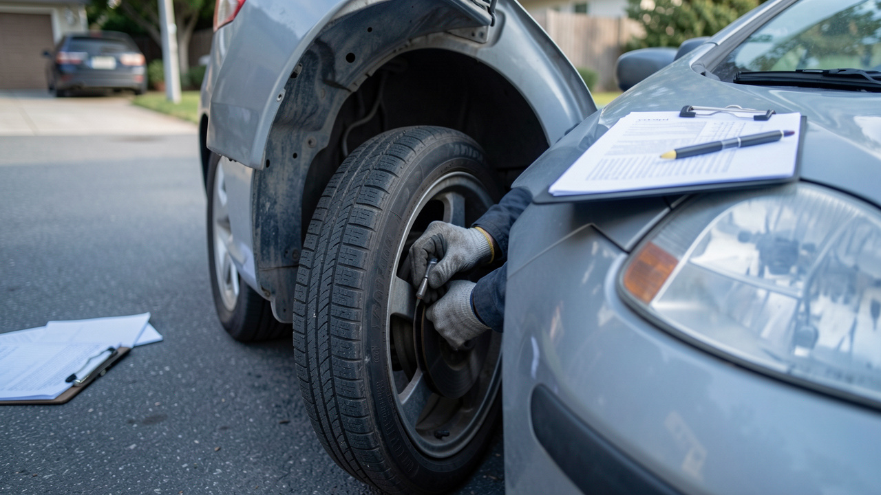 Contrôle d’une voiture d’occasion pendant un essai routier : mains gantées examinant les pneus et le freinage, véhicule stationné dans une rue calme, lumière naturelle.