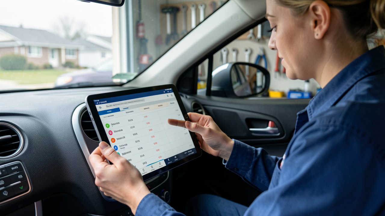 Une femme mécanicienne examine le tableau de bord et des données de diagnostic sur une tablette dans un garage, en comparant l’historique de service pour évaluer la fiabilité d’une voiture.