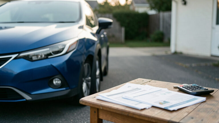 Une voiture garée près d’une allée, avec des documents financiers et une calculatrice sur une table à côté des clés, ambiance lumineuse du matin