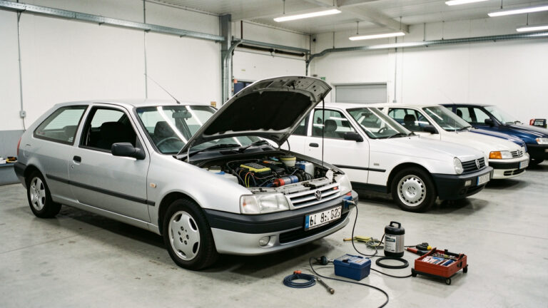 Plusieurs citadines compactes de générations différentes examinées dans un garage automobile, avec un capot ouvert et des outils de diagnostic visibles.