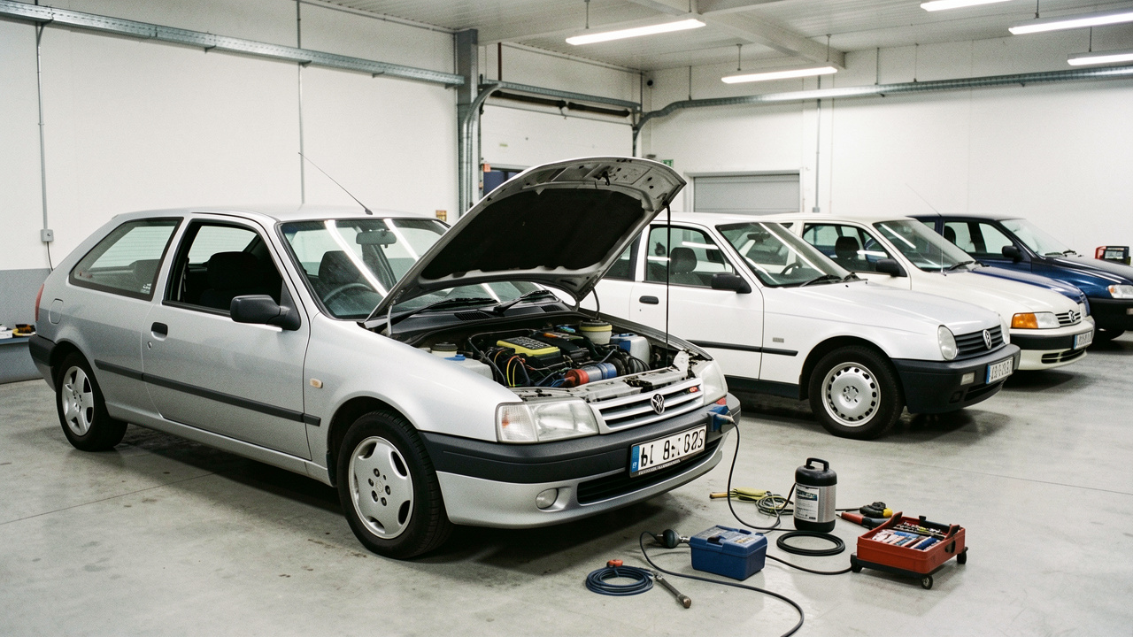 Plusieurs citadines compactes de générations différentes examinées dans un garage automobile, avec un capot ouvert et des outils de diagnostic visibles.
