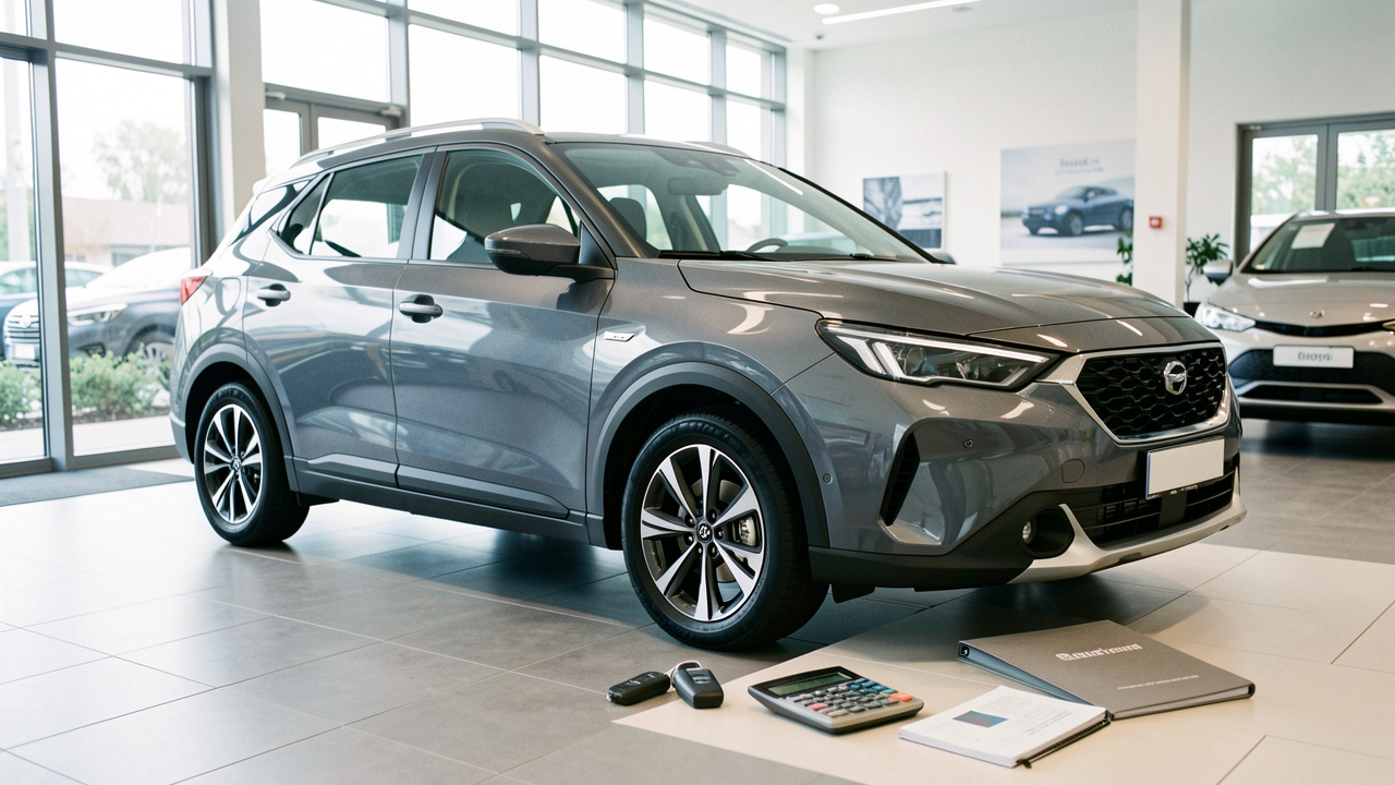 SUV compact gris présenté dans une concession lumineuse avec une clé de voiture, une calculatrice et un dossier évoquant la maîtrise du budget.