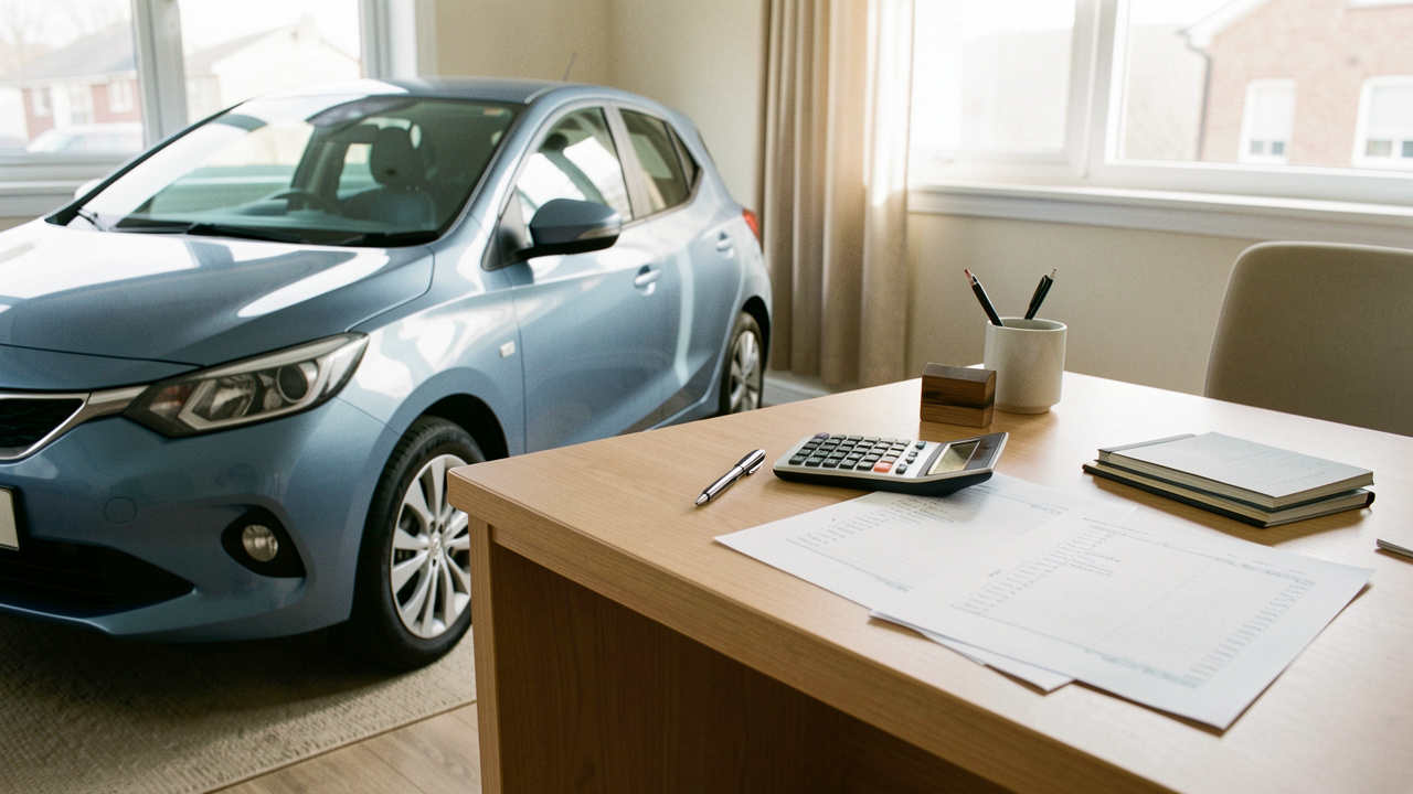 Voiture moderne près d’un bureau organisé avec une calculatrice, un stylo et des documents financiers vierges, illustrant la réduction du coût des intérêts grâce au remboursement anticipé.