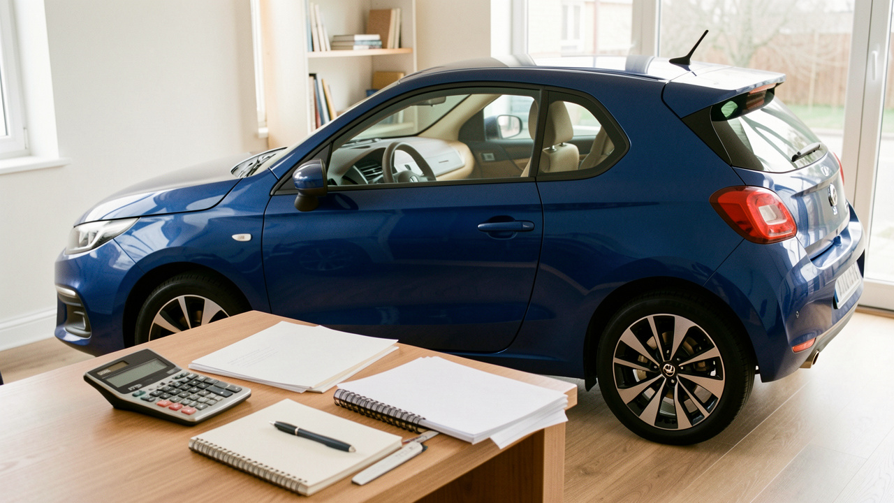 Une voiture compacte moderne associée à un calculateur et à des documents vierges, évoquant une planification financière responsable.