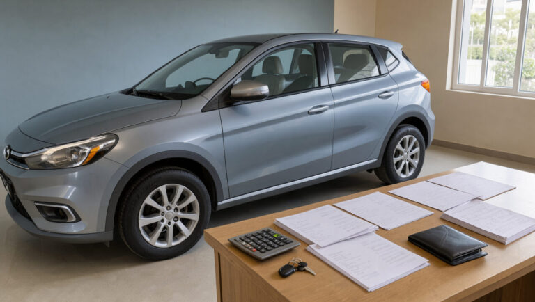 Voiture familiale près d’un bureau avec calculatrice, clés et documents vierges, évoquant l’étude attentive d’un financement automobile.