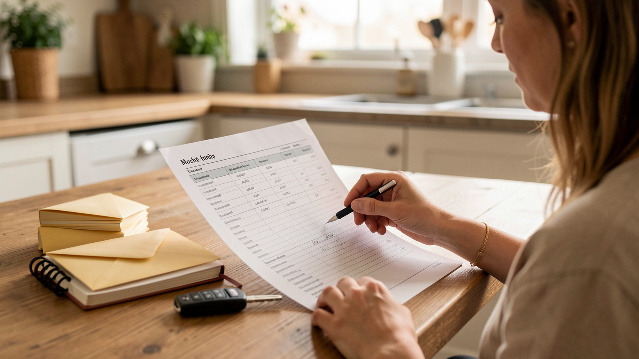 Une femme examine tranquillement un budget mensuel à la table de cuisine, avec des enveloppes et une clé de voiture posées à côté, sous une lumière naturelle du matin.