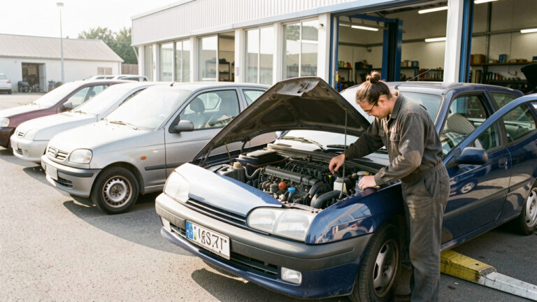 Alignement de voitures compactes de différentes années devant un atelier automobile, avec un mécanicien inspectant le moteur d’un véhicule.