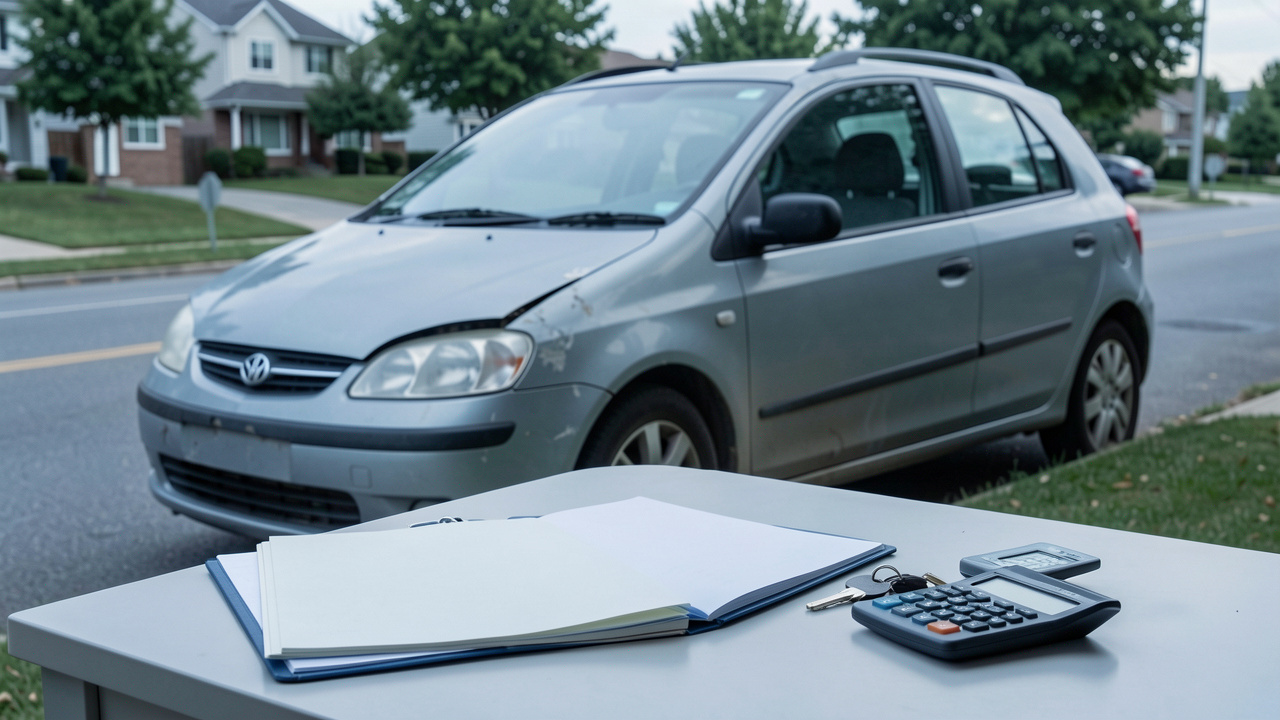 Voiture légèrement endommagée garée en sécurité près d’une route, avec un dossier d’assurance aux pages vierges, une calculatrice et des clés posés sur un bureau.