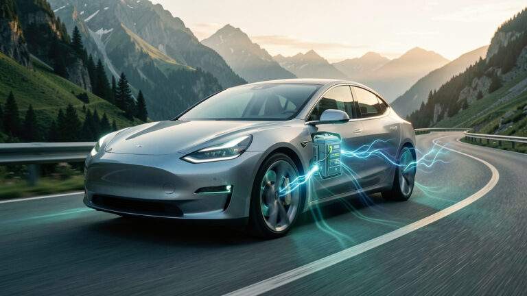 Voiture électrique moderne ralentissant sur une route de montagne, avec un effet lumineux symbolisant la récupération d’énergie et des freins peu usés.