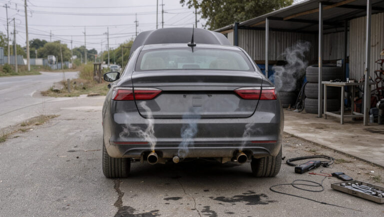 Voiture moderne vue de l’arrière rejetant des volutes de fumée blanche, gris bleuté et sombre près d’un atelier automobile.