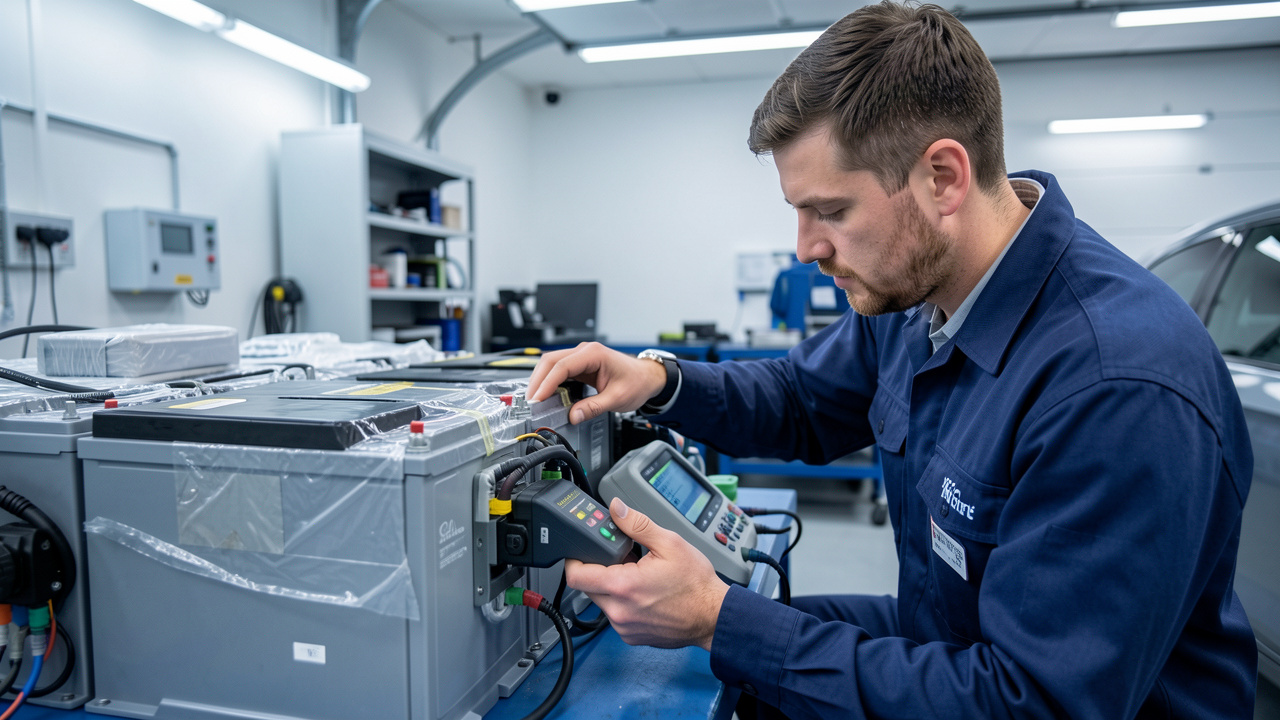 Un technicien automobile inspecte soigneusement une batterie de traction de véhicule électrique dans un atelier moderne.