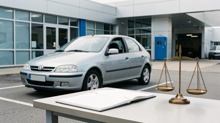 Voiture d’occasion garée devant un centre d’inspection, avec un dossier aux pages vierges et une balance de justice évoquant la protection du consommateur.