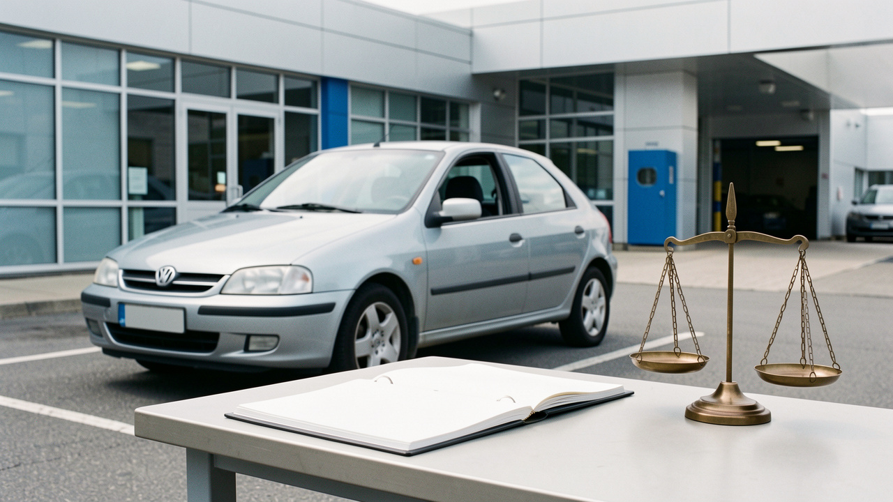 Voiture d’occasion garée devant un centre d’inspection, avec un dossier aux pages vierges et une balance de justice évoquant la protection du consommateur.