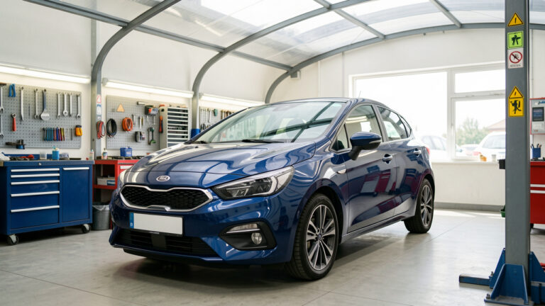 Voiture compacte moderne bleu foncé protégée dans un centre de service automobile lumineux, évoquant la fiabilité et les garanties.