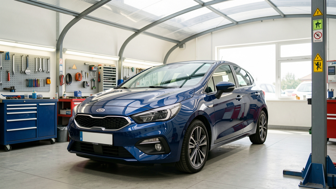 Voiture compacte moderne bleu foncé protégée dans un centre de service automobile lumineux, évoquant la fiabilité et les garanties.