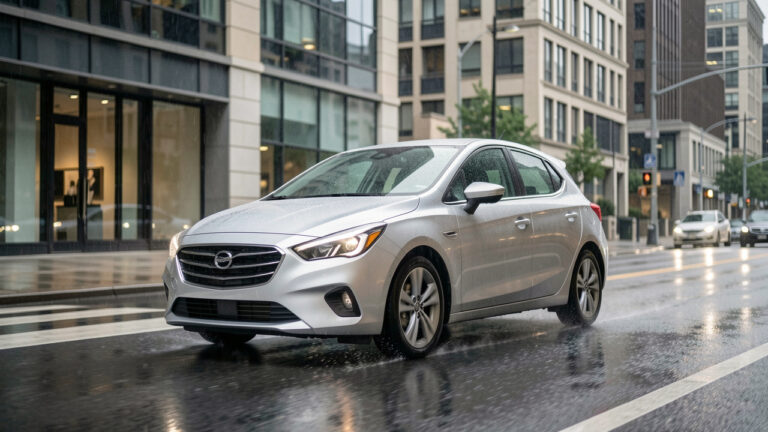 Voiture compacte premium argentée roulant dans une ville moderne sous une lumière douce après la pluie, évoquant la protection au quotidien.