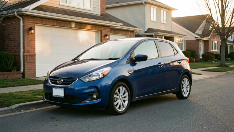 Voiture citadine compacte bleue stationnée dans une rue résidentielle calme, évoquant la protection et la sécurité au quotidien.