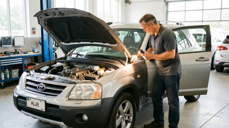 SUV compacte d’occasion inspecté dans un atelier automobile, capot ouvert et mécanicien vérifiant soigneusement le moteur et l’équipement intérieur.