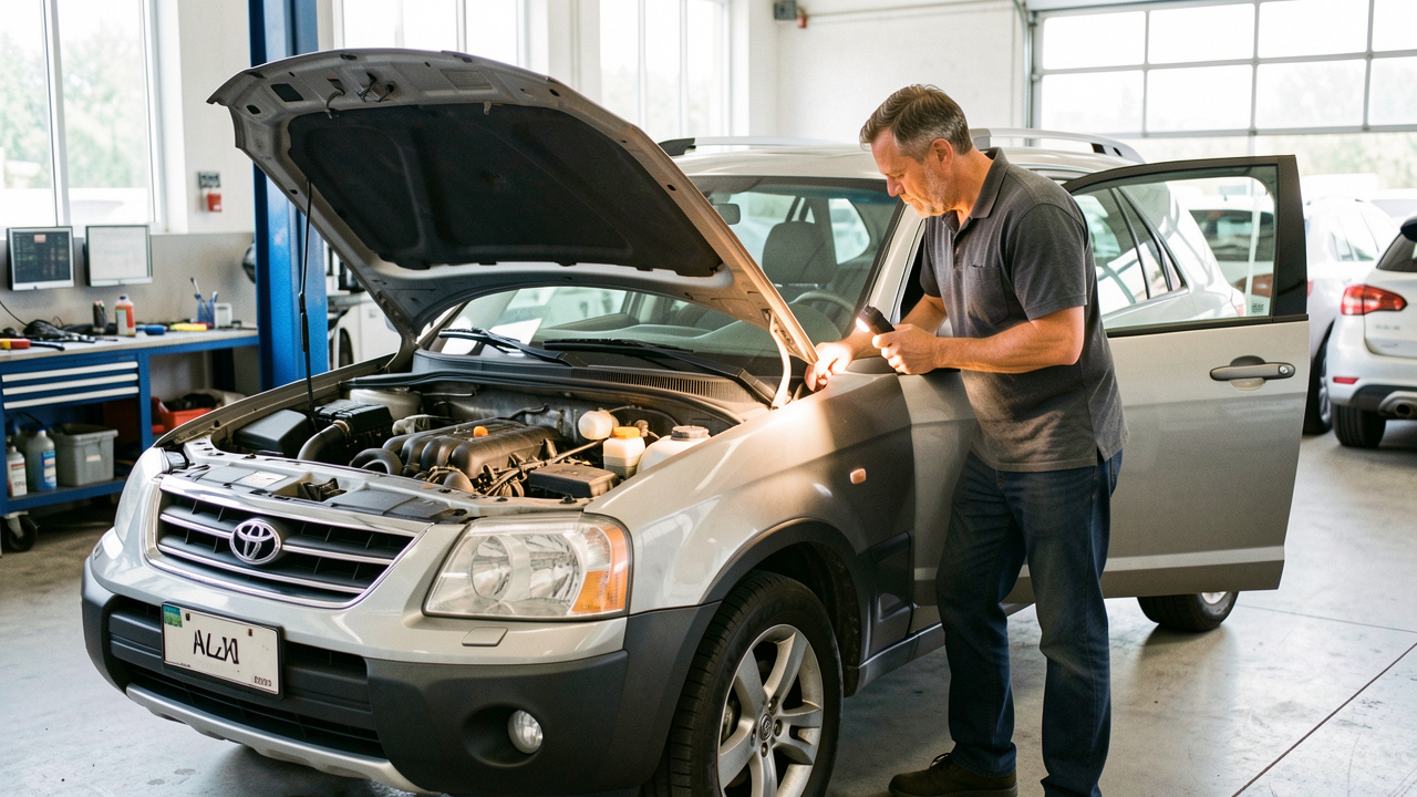 SUV compacte d’occasion inspecté dans un atelier automobile, capot ouvert et mécanicien vérifiant soigneusement le moteur et l’équipement intérieur.