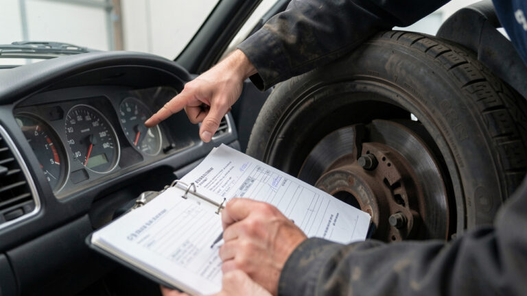 Mains examinant une voiture d’occasion avant l’achat, contrôle du kilométrage et de l’état général, avec des documents d’entretien dans un garage.