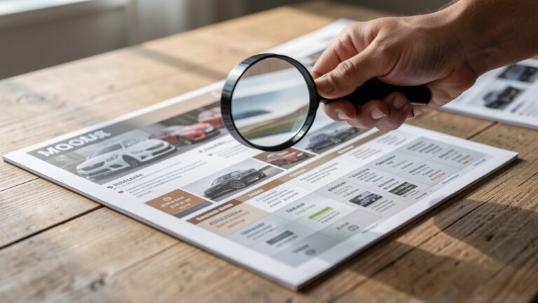 Une main examine attentivement des documents de comparaison automobiles avec une loupe sur une table en bois, éclairage naturel, ambiance calme et réaliste.