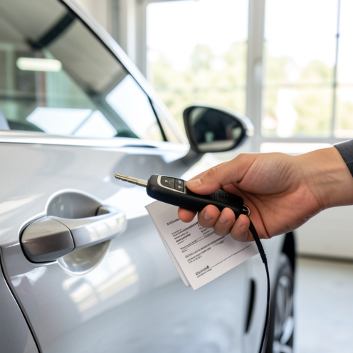 Photo réaliste d’une clé de voiture et d’un dossier de contrat à côté d’une voiture dans un garage lumineux, ambiance informative et professionnelle.