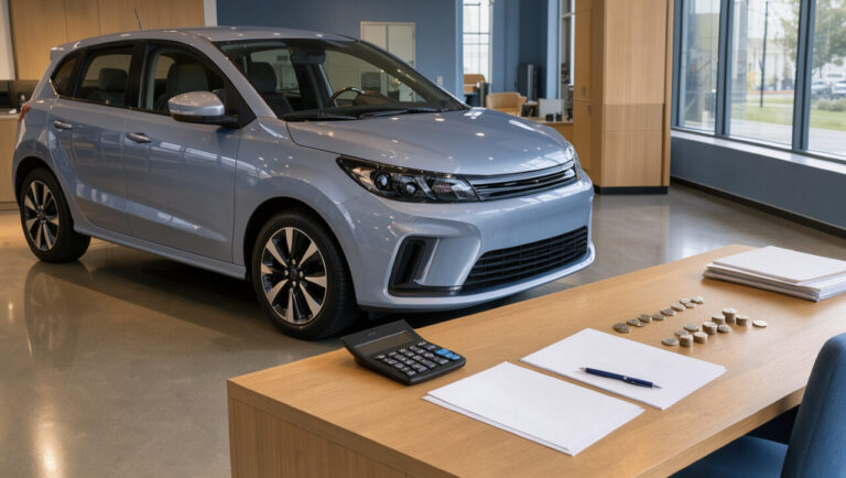 Voiture moderne près d’un bureau avec calculatrice, documents vierges, stylo et pièces illustrant l’analyse des frais de financement automobile.