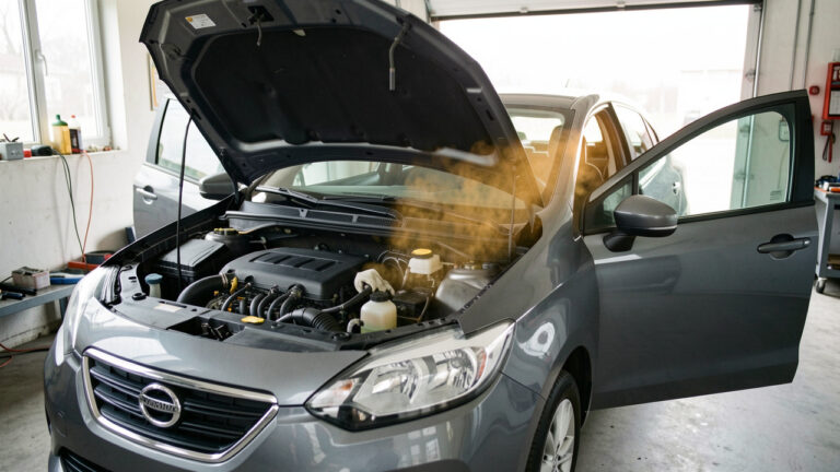 Voiture garée dans un garage aéré, capot et portes ouverts, avec des mains gantées inspectant les conduites de carburant et le moteur.