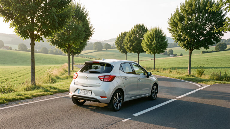 Voiture compacte circulant sereinement sur une route française bordée de champs et d’arbres.