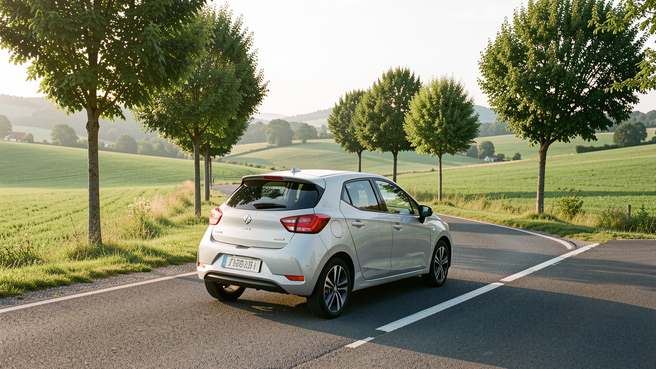 Voiture compacte circulant sereinement sur une route française bordée de champs et d’arbres.