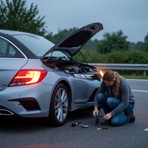 Une voiture immobilisée au bord de la route, capot ouvert, avec une femme vérifiant des éléments autour du moteur et de la roue, lumière douce et ambiance réaliste.