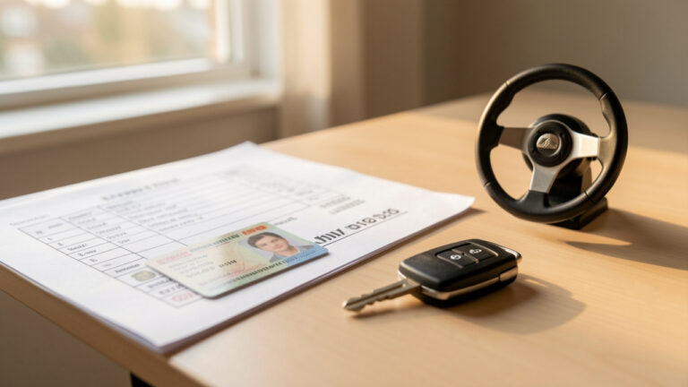 Gros plan sur une carte de permis de conduire et des clés de voiture posées sur un bureau près d’une liste de contrôle, éclairage naturel du matin et rendu photographique réaliste.