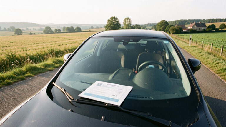 Voiture circulant sur une route de campagne française avec un permis de conduire étranger générique posé sur le tableau de bord.