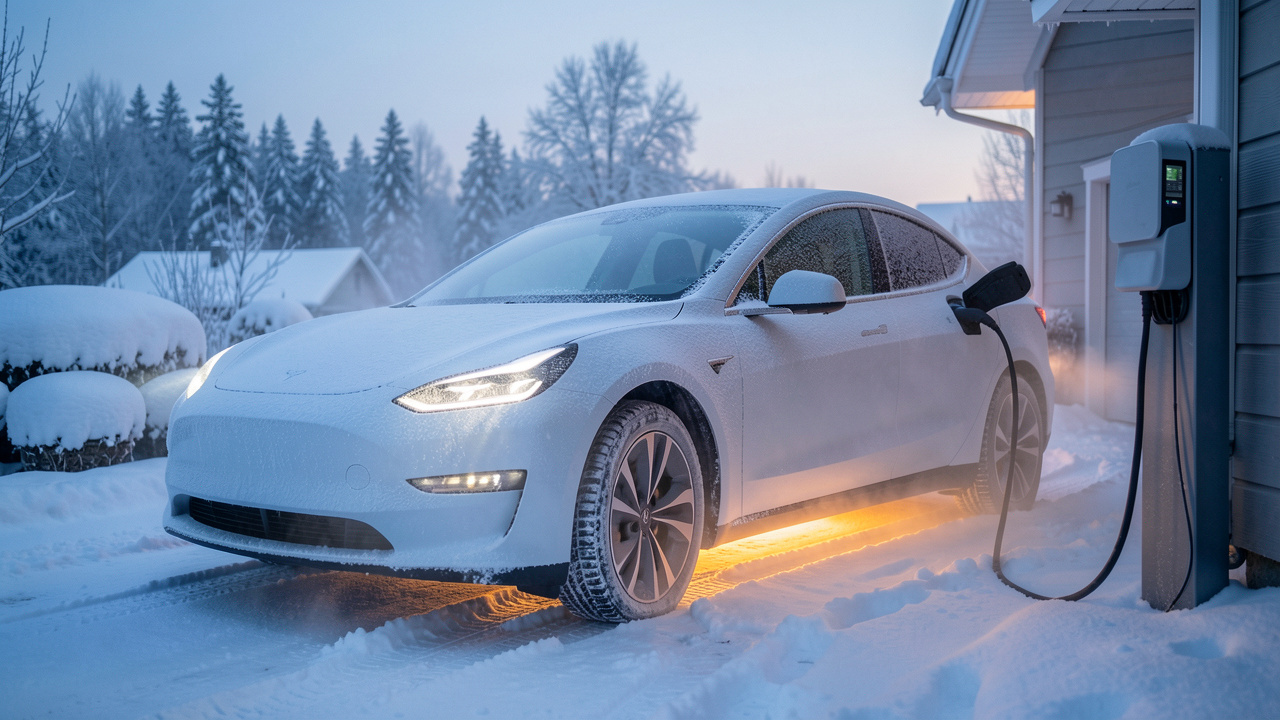 Voiture électrique branchée sur une borne de recharge dans un paysage enneigé, illustrant le préconditionnement de la batterie en hiver.