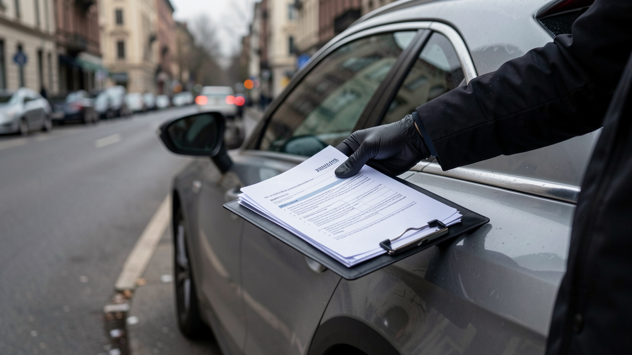Une voiture garée dans une rue calme avec une main gantée déposant des documents d’assurance dans un dossier, éclairage naturel et ambiance documentaire.