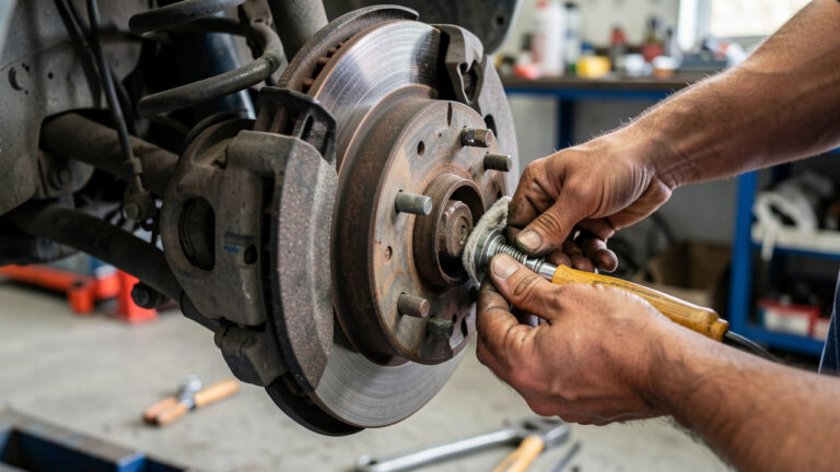 Gros plan sur un système de frein de voiture avec plaquettes et disque inspectés et nettoyés dans un atelier, mains en train de vérifier l’installation pour prolonger la durée de vie sans compromettre la sécurité