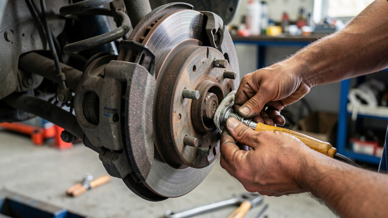 Gros plan sur un système de frein de voiture avec plaquettes et disque inspectés et nettoyés dans un atelier, mains en train de vérifier l’installation pour prolonger la durée de vie sans compromettre la sécurité