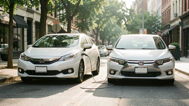 Deux voitures hybrides, légère et full hybride, garées dans la rue au lever du soleil, avec des reflets naturels et une ambiance urbaine écologique.