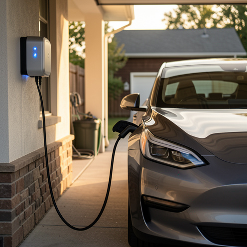 Scène réaliste d’une voiture électrique en charge à domicile, avec un câble connecté et une borne murale, sous une lumière matinale chaleureuse.