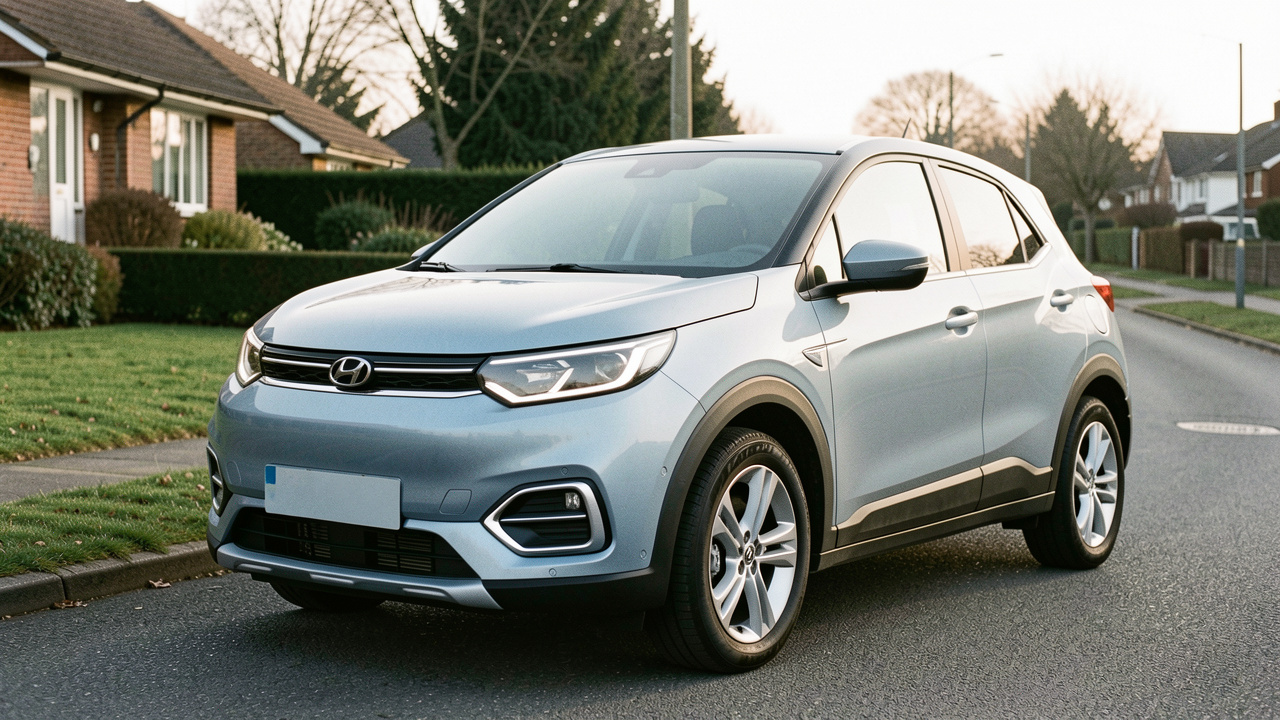 SUV hybride compact moderne stationné dans un environnement résidentiel calme, évoquant des réglages de conduite économes en énergie.