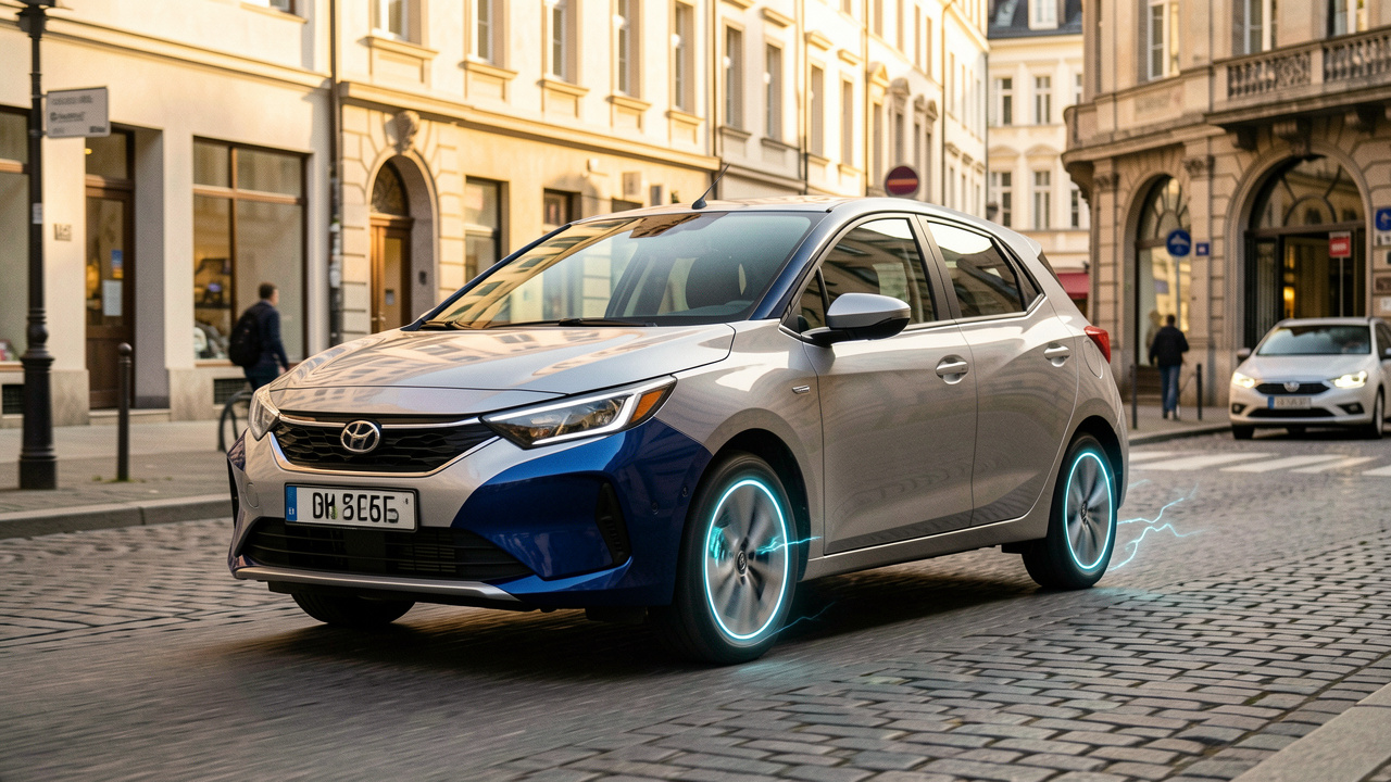 Voiture compacte hybride ralentissant doucement dans une rue urbaine, illustrant la récupération d’énergie en mode B.